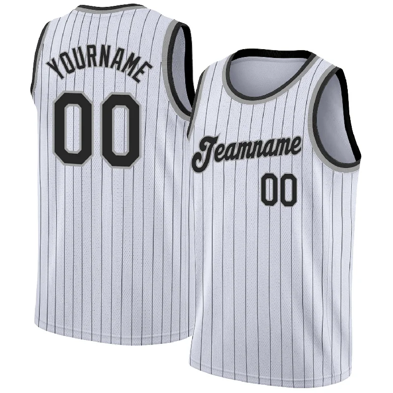 Basketball Jersey With Number Prints-Custom White Black Pinstripe Black-Gray Authentic Basketball Jersey