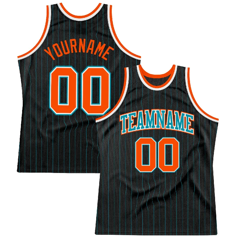 Basketball Jersey For Comfort-Custom Black Teal Pinstripe Orange-Teal Authentic Basketball Jersey