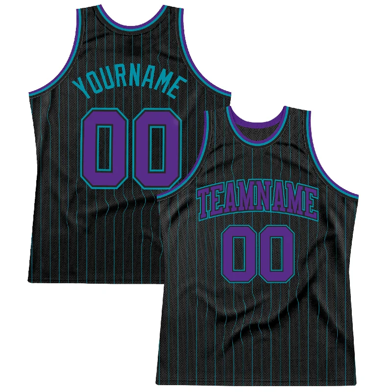 Basketball Jersey With Sleek Design-Custom Black Teal Pinstripe Purple-Teal Authentic Basketball Jersey