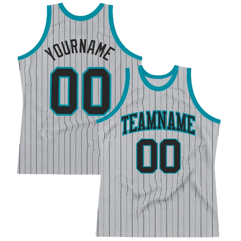 Basketball Jersey For Best Sellers-Custom Gray Black Pinstripe Black-Teal Authentic Basketball Jersey