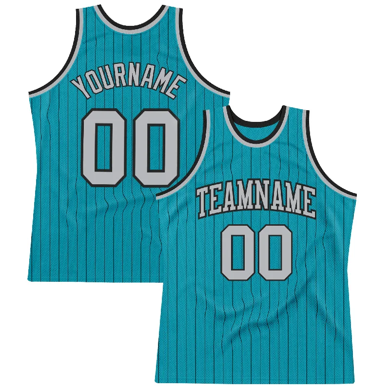 Basketball Jersey With Custom Numbers-Custom Teal Black Pinstripe Gray Authentic Basketball Jersey