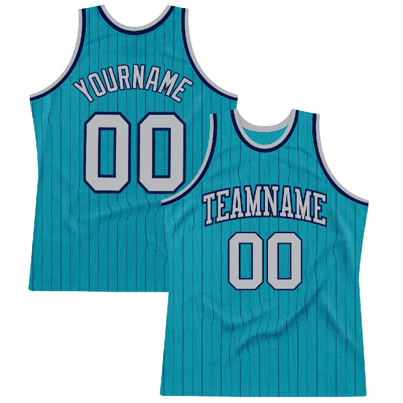 Basketball Jersey For Daytime Play-Custom Teal Navy Pinstripe Gray Authentic Basketball Jersey