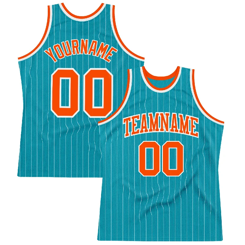 Basketball Jersey For Hardwood Floors-Custom Teal White Pinstripe Orange Authentic Basketball Jersey