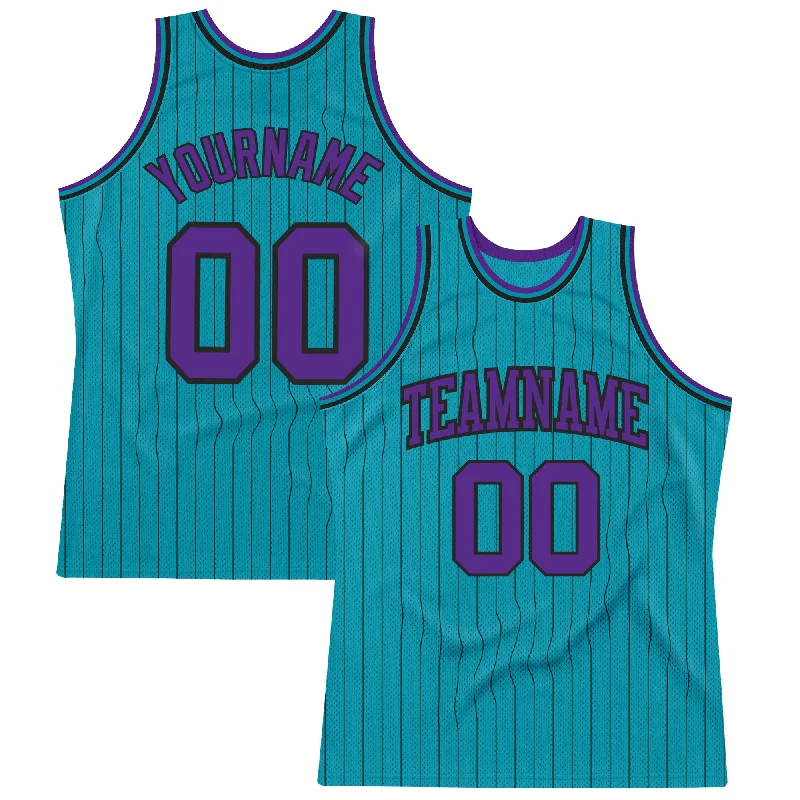 Basketball Jersey For Local Clubs-Custom Teal Black Pinstripe Purple Authentic Basketball Jersey