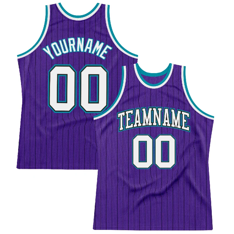 Basketball Jersey Under 50 Dollars-Custom Purple Black Pinstripe White-Teal Authentic Basketball Jersey