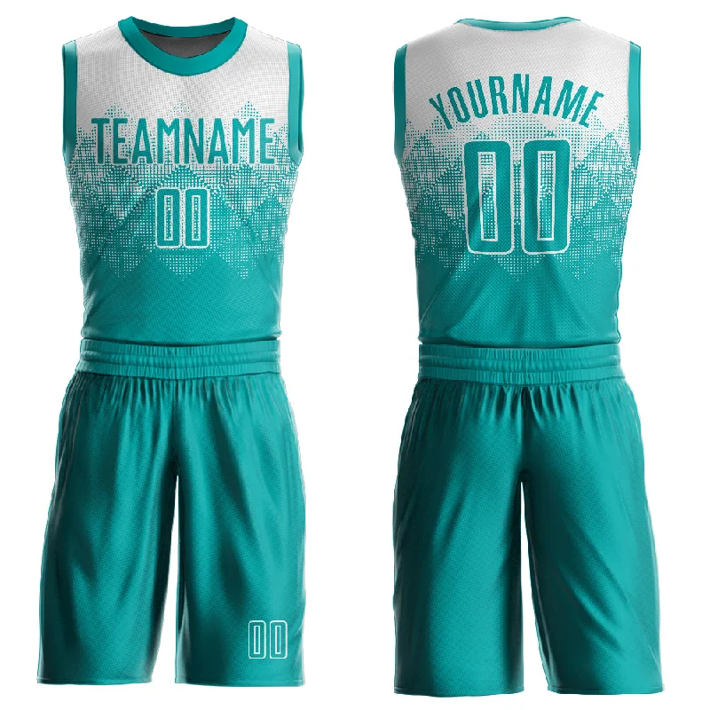 Basketball Jersey For Easy Washing-Custom White Aqua Round Neck Sublimation Basketball Suit Jersey