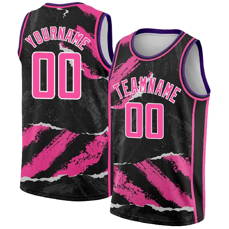 Basketball Jersey With Vintage Designs-Custom Black Pink-White 3D Pattern Design Torn Paper Style Authentic Basketball Jersey