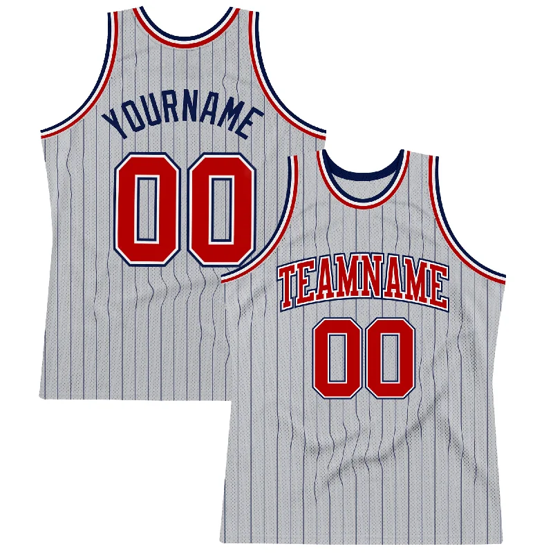 Basketball Jersey For Gift Ideas-Custom Gray Navy Pinstripe Red-White Authentic Basketball Jersey