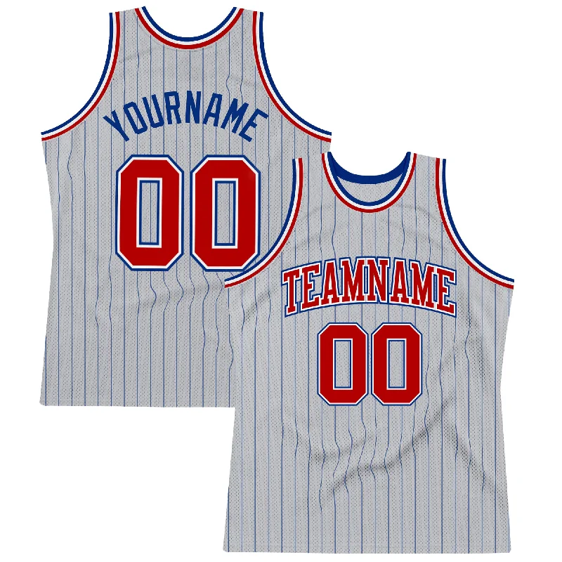 Basketball Jersey With 70s Flair-Custom Gray Royal Pinstripe Red-White Authentic Basketball Jersey