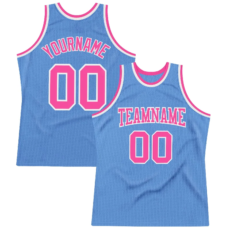 Basketball Jersey With Sponsor Logos-Custom Light Blue Pink-White Authentic Throwback Basketball Jersey