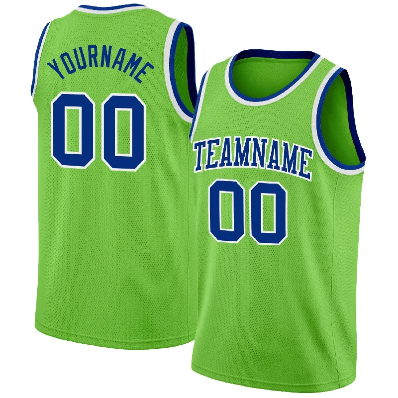 Basketball Jersey With Cotton Feel-Custom Neon Green Royal-White Authentic Basketball Jersey