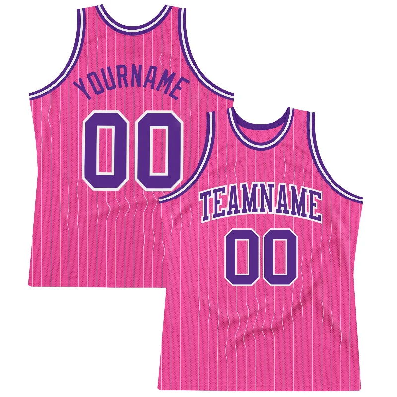 Basketball Jersey For High School Players-Custom Pink White Pinstripe Purple-White Authentic Basketball Jersey