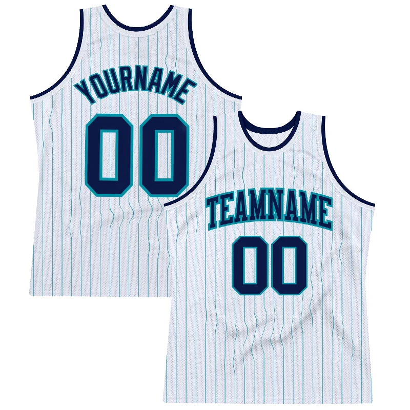 Basketball Jersey For Comfort-Custom White Teal Pinstripe Navy Authentic Basketball Jersey