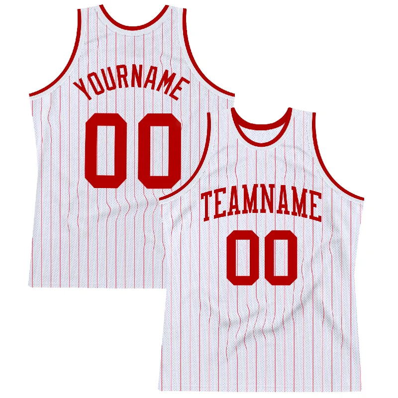 Basketball Jersey With Slim Fit-Custom White Red Pinstripe Red Authentic Basketball Jersey