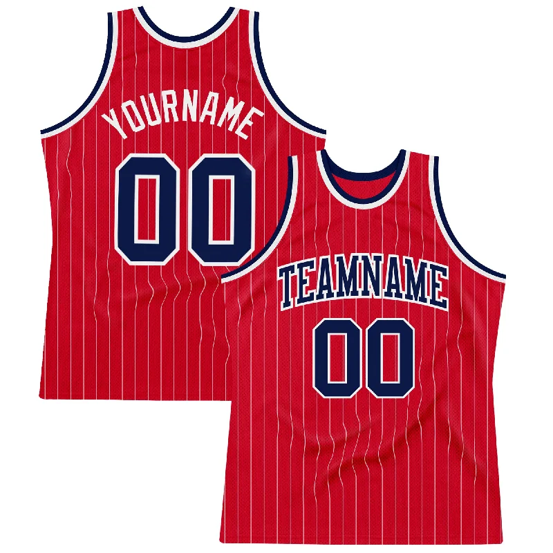 Basketball Jersey With Team Colors-Custom Red White Pinstripe Navy-White Authentic Basketball Jersey