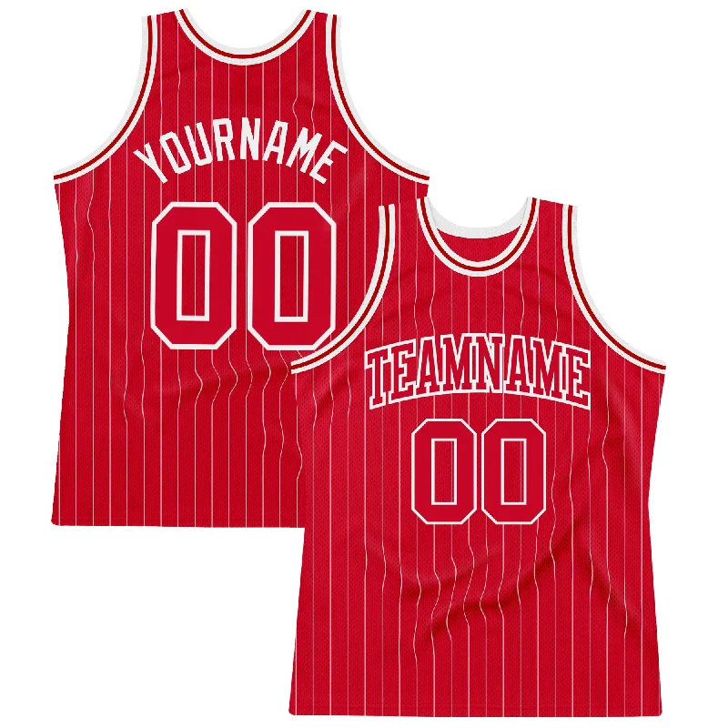 Basketball Jersey With Jordan Logo-Custom Red White Pinstripe Red-White Authentic Basketball Jersey