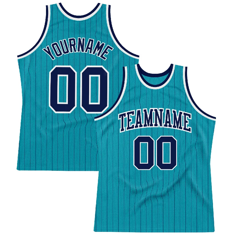 Basketball Jersey With Cotton Feel-Custom Teal Navy Pinstripe Navy-White Authentic Basketball Jersey