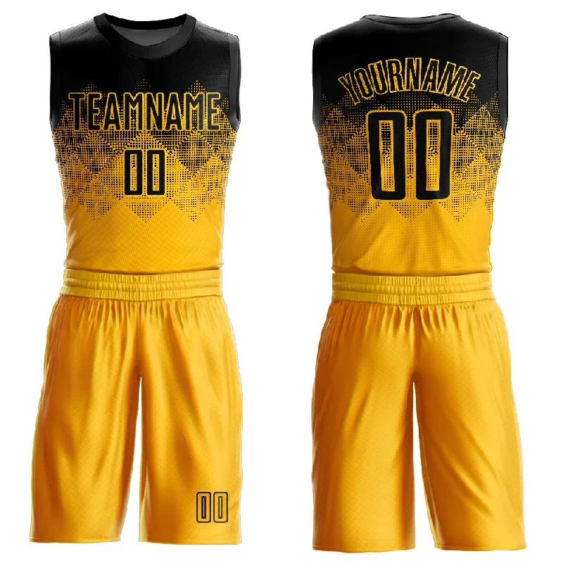 Basketball Jersey With Player Autographs-Custom Yellow Black Round Neck Sublimation Basketball Suit Jersey