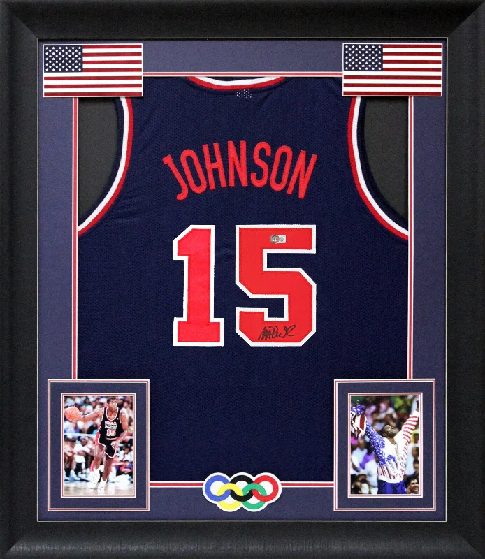 Basketball Jersey With Lightweight Fabric-Magic Johnson Team USA Authentic Signed Navy Pro Style Framed Jersey BAS Witness