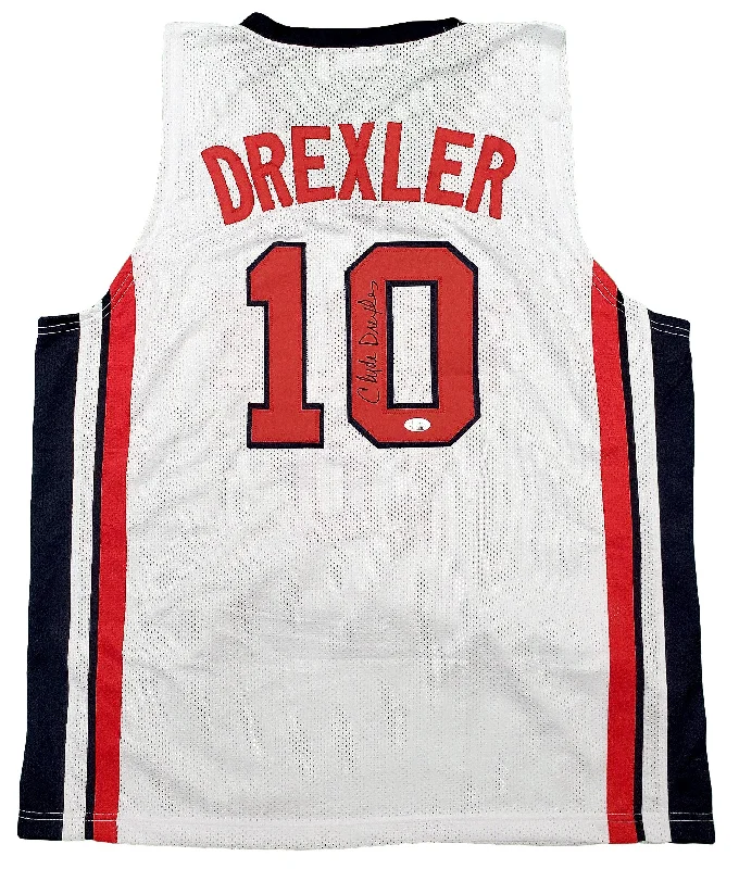 Basketball Jersey For Influencer Fans-Team USA Clyde Drexler Autographed White Jersey JSA Stock #197003