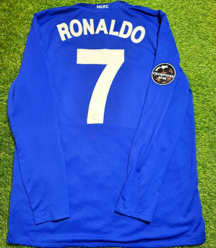 Football Jersey For Scholarship Kids-Cristiano Ronaldo Manchester United UEFA 2008 2009 Away Blue Long Sleeve Jersey Shirt L SKU# 287616-403