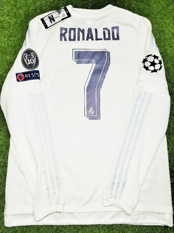 Football Jersey With Fresh Starts-Cristiano Ronaldo Real Madrid 2015 2016 Long Sleeve UEFA FINAL Jersey Camiseta Shirt BNWT L SKU# S12653