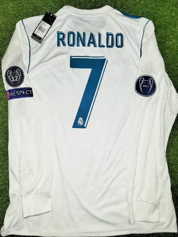 Football Jersey With Turnaround Hopes-Cristiano Ronaldo Real Madrid 2017 2018 LAST GAME UEFA FINAL Long Sleeve Soccer Jersey Shirt BNWT L SKU#  B31106