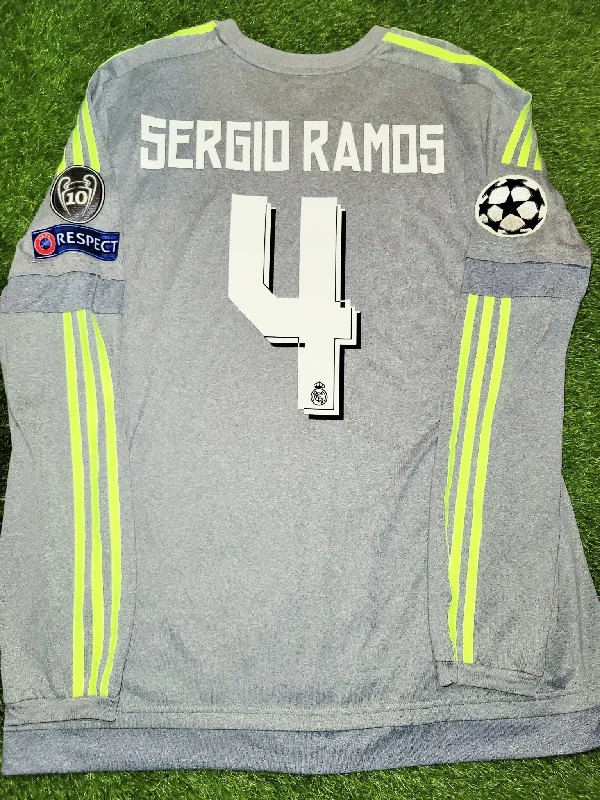 Football Jersey For Game Watches-Ramos Real Madrid 2015 2016 Gray Away Long Sleeve Jersey Camiseta Shirt XL SKU# S12686