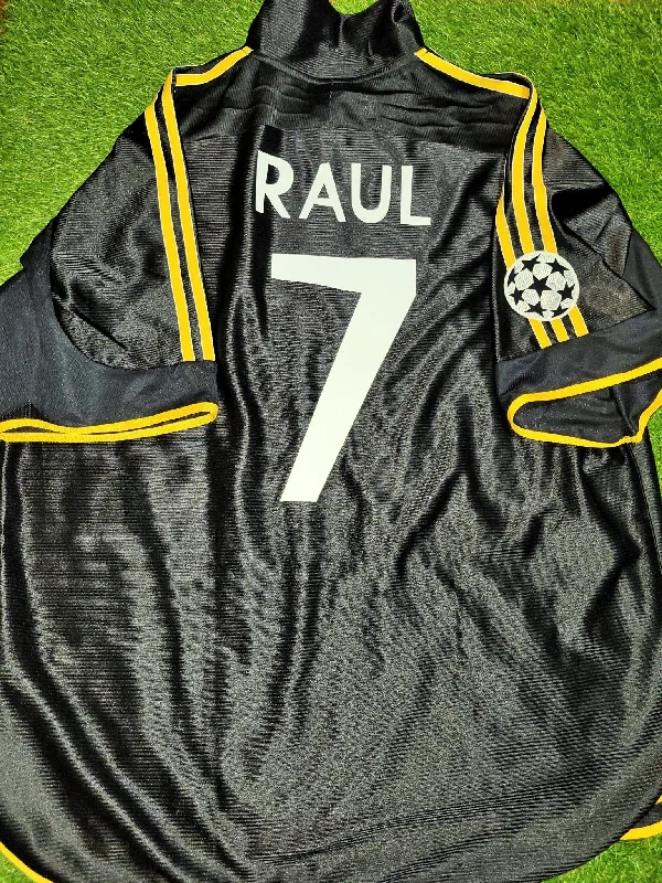 Football Jersey For Hopeful Seasons-Raul Real Madrid Black Away UEFA FINAL 1999 2000 Soccer Jersey XL