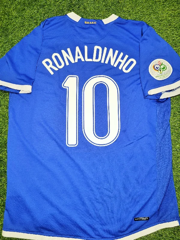 Football Jersey For Thrift Finds-Ronaldinho Brazil 2006 World Cup Blue Away Soccer Jersey Shirt L SKU# S6DHA 103890