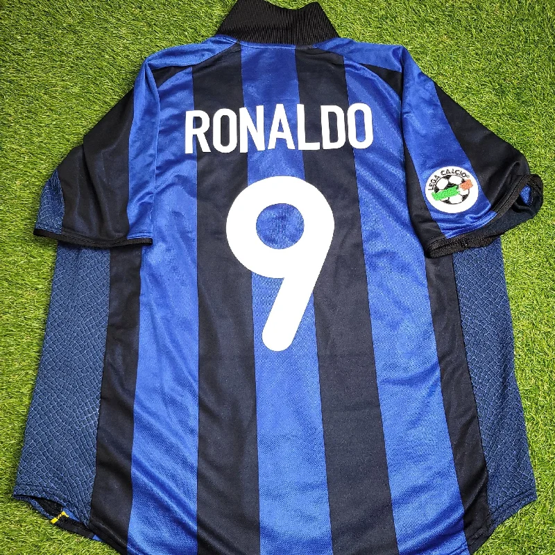 Football Jersey With Fundraiser Logos-Ronaldo Inter Milan 2001 2002 Home Soccer Jersey Shirt XL